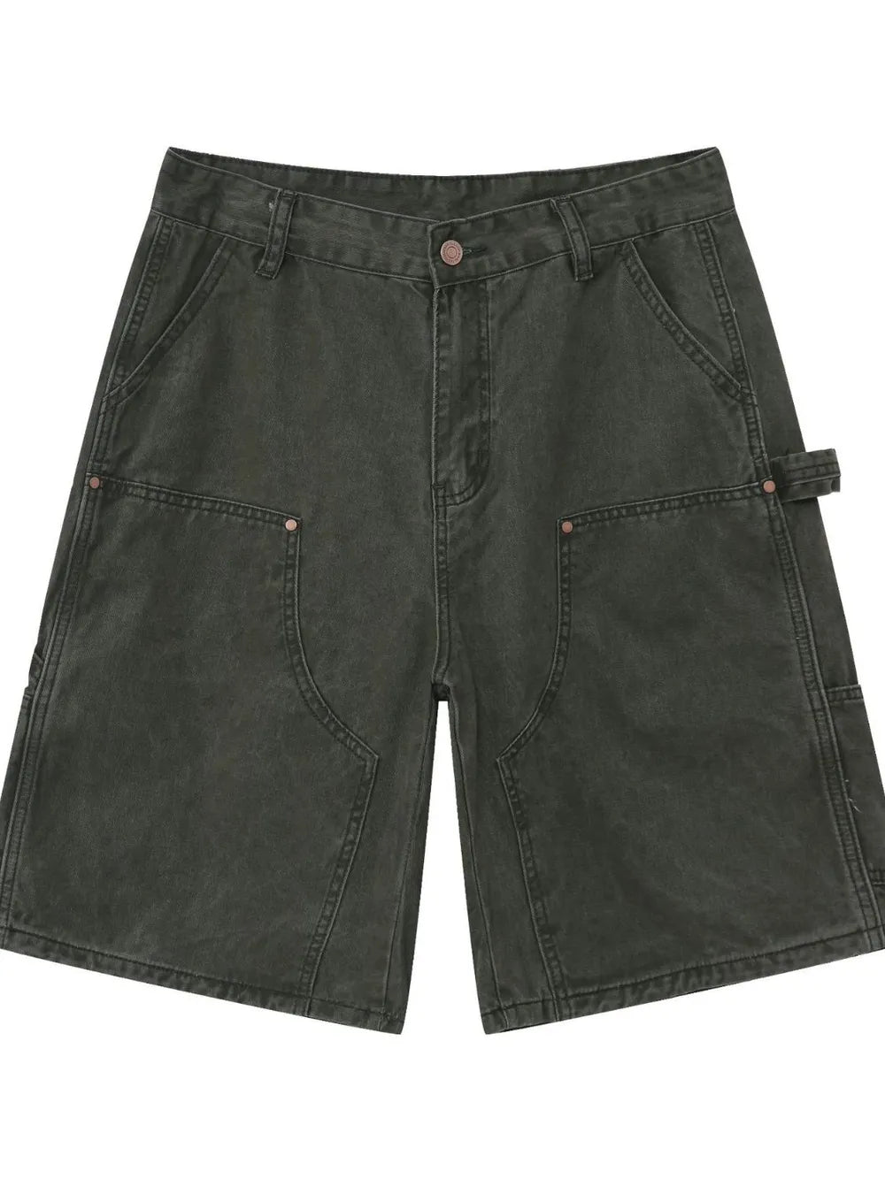 Utility denim carpenter shorts in washed olive with large front pockets and a hammer loop detail.