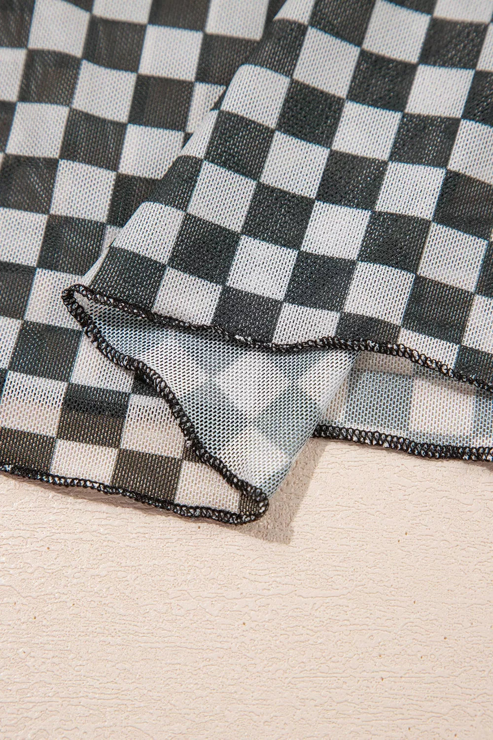 Plaid Stand Neck Long Sleeve Mesh Top, editorial view