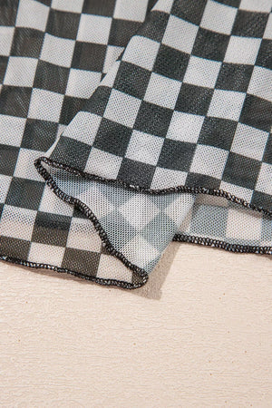 Plaid Stand Neck Long Sleeve Mesh Top, editorial view