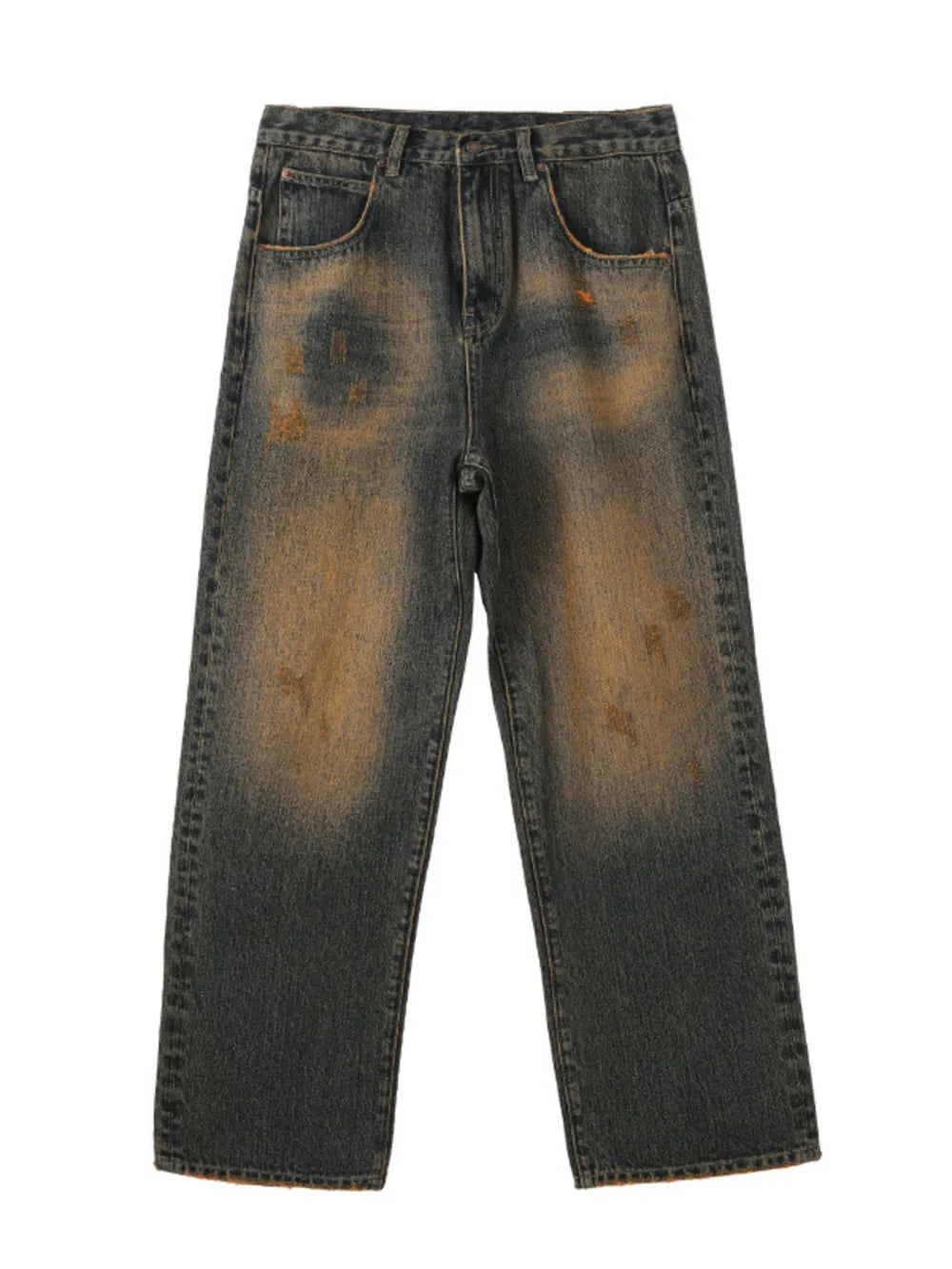 Men's relaxed fit jeans in vintage wash denim with distressed details and a faded effect.