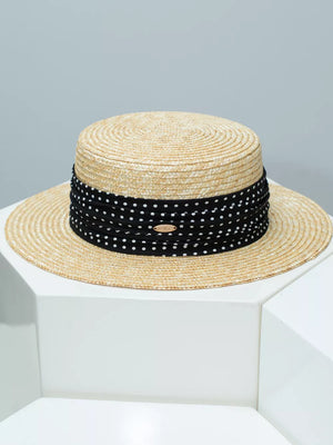 Wheat straw boater hat with ruched black polka dot ribbon band