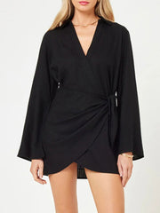 Black cotton blend wrap cover-up dress with long sleeves and tie waist detail