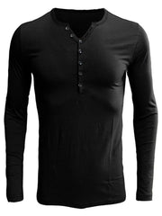 Black long sleeve henley tee with button placket