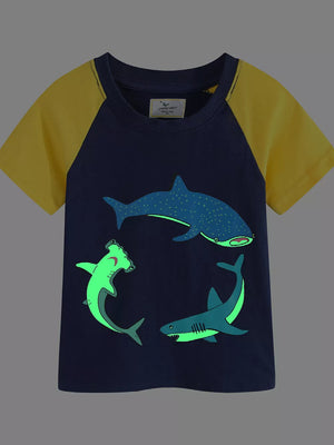 Navy cotton t-shirt with yellow raglan sleeves and a graphic of three glowing sharks.