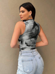 Sleeveless gray tie-dye mock neck top with ruched sides.