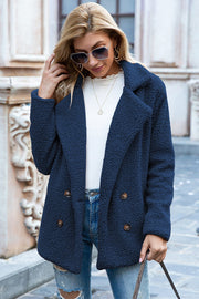 Dark Blue teddy pea coat with double-breasted closure and brown buttons.