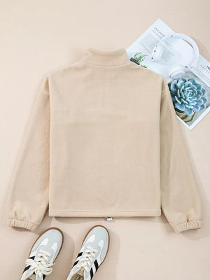Fleece Colorblock Patchwork Zipped Neck Pullover in Khaki, alternate angle