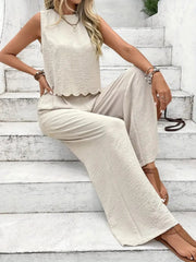 Cream linen lounge set with scalloped hem top and wide leg pants