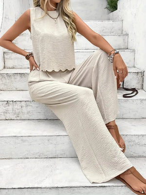Cream linen lounge set with scalloped hem top and wide leg pants