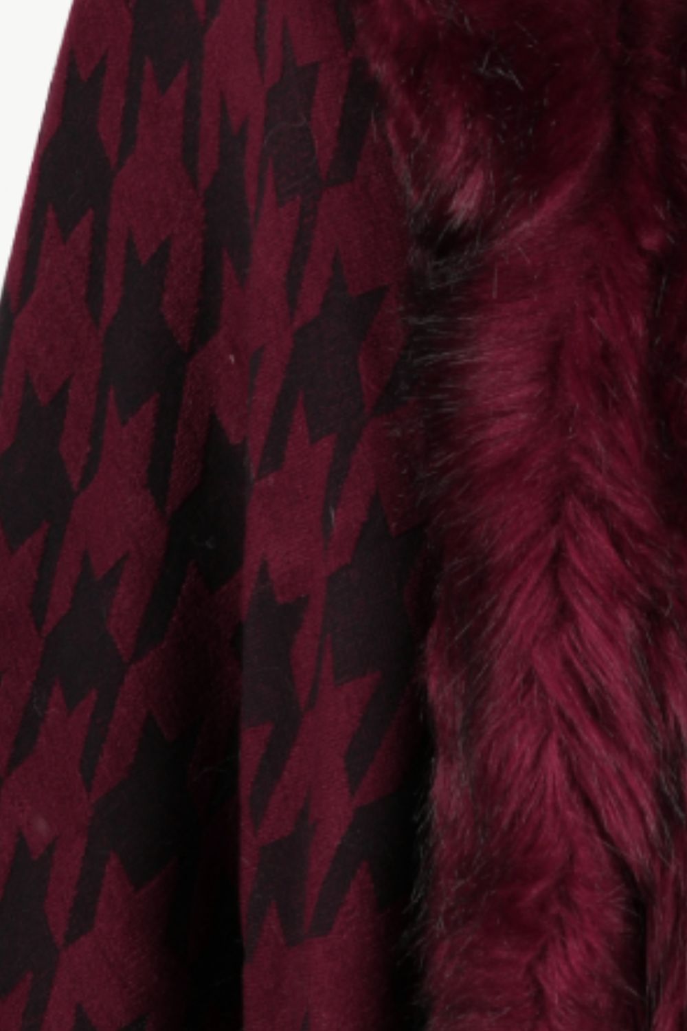 Burgundy houndstooth poncho with faux fur collar detail