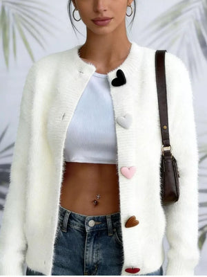 Heart Button Long Sleeve Cardigan Plus Size in Pink, back view
