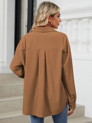 Caramel corduroy overshirt with back pleat detail and buttoned cuffs.