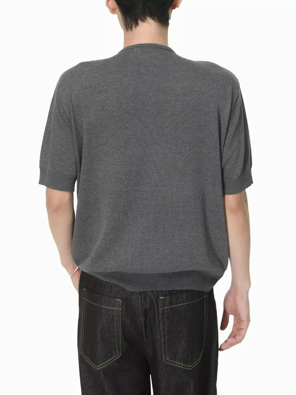 Charcoal knit henley t-shirt with short sleeves and button placket detail.
