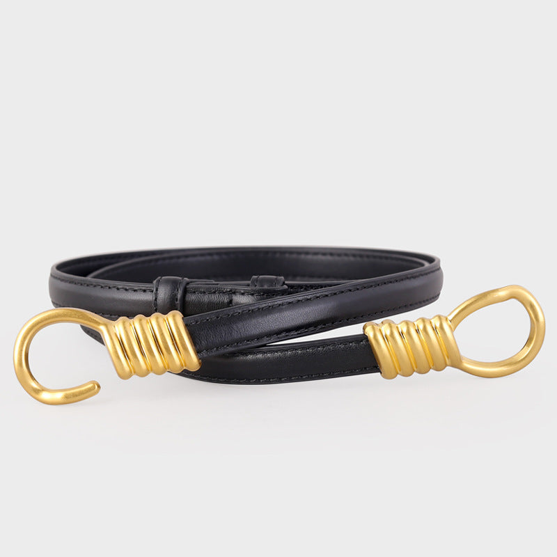 Black cowhide leather skinny belt with gold coiled detail and hook closure