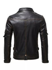 Black faux leather motorcycle jacket with brass hardware, adjustable side tabs, and cargo pockets.