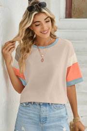 Panel Sleeve Crewneck Tee in beige with colorblock sleeves and light blue trim.