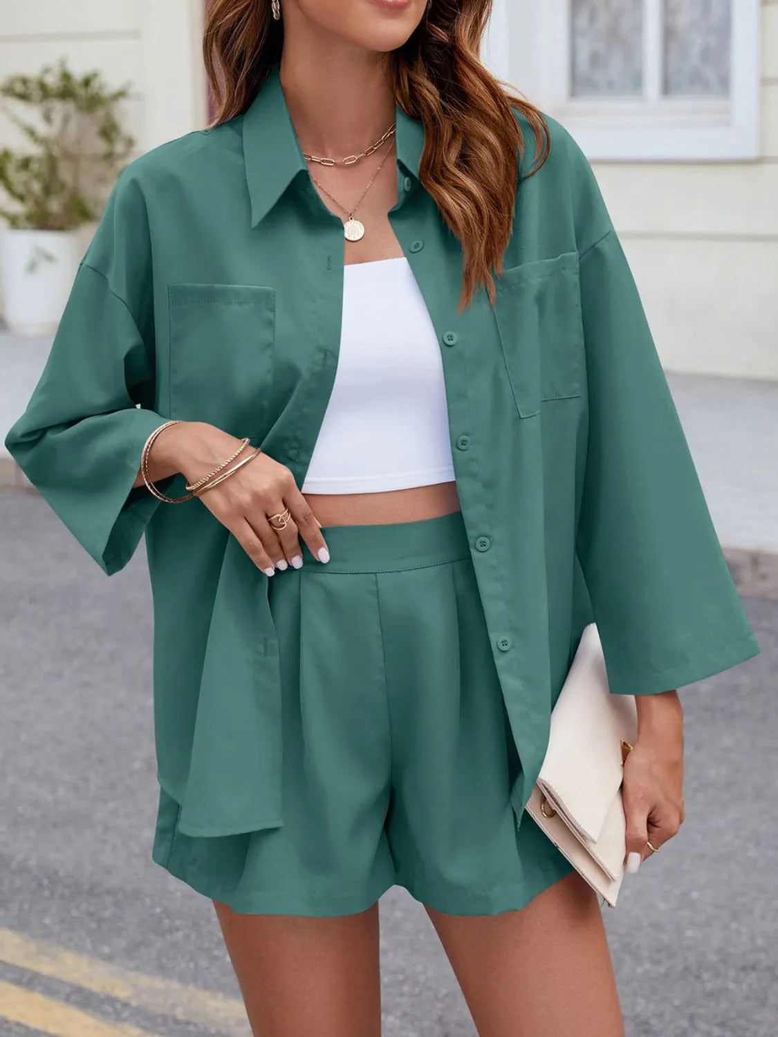 Teal pleated shorts and oversized button-down shirt set with chest pockets