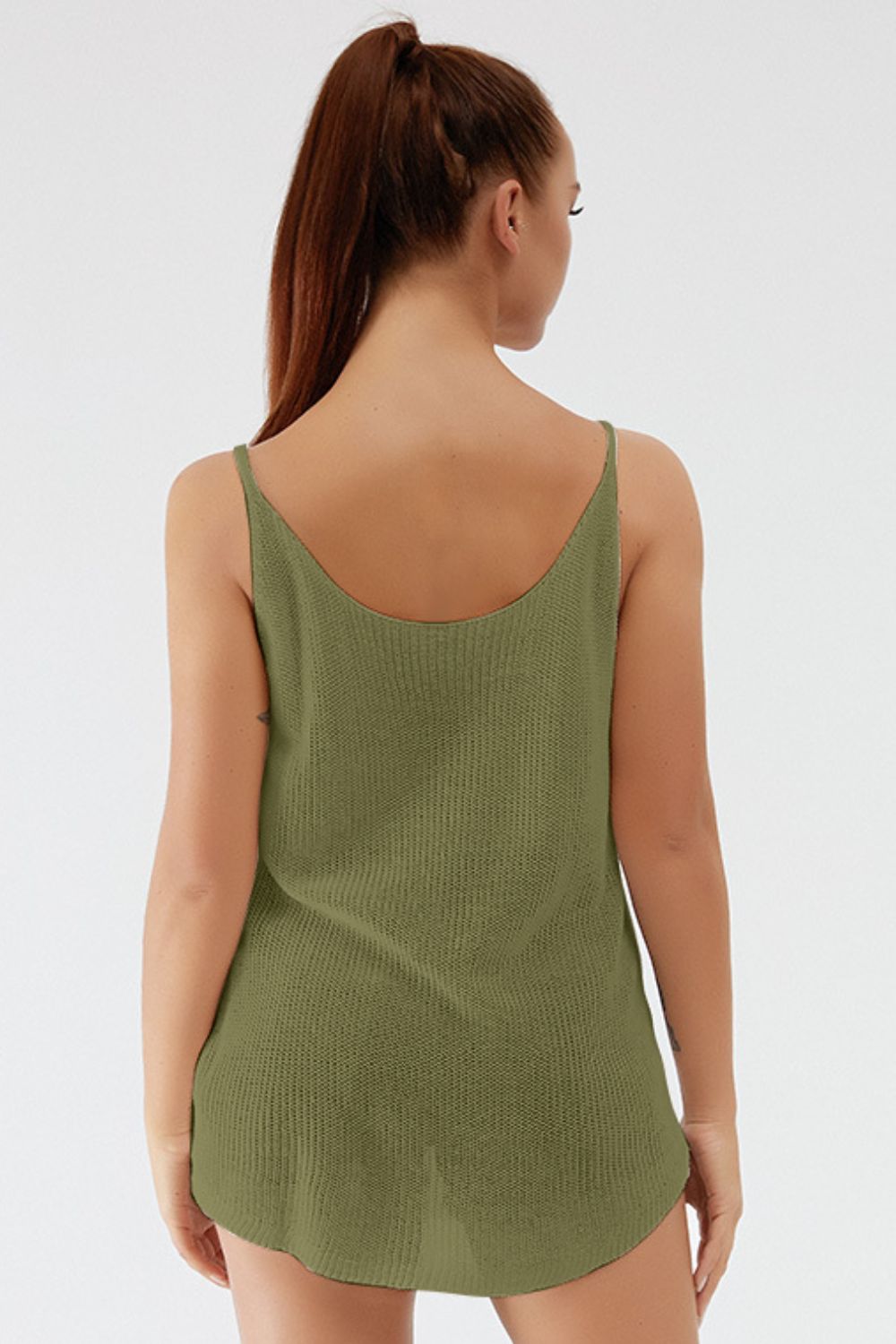 Ribbed knit cami in matcha green with scoop back and thin straps