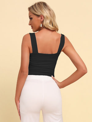 Black knit crop top with square neckline and wide straps