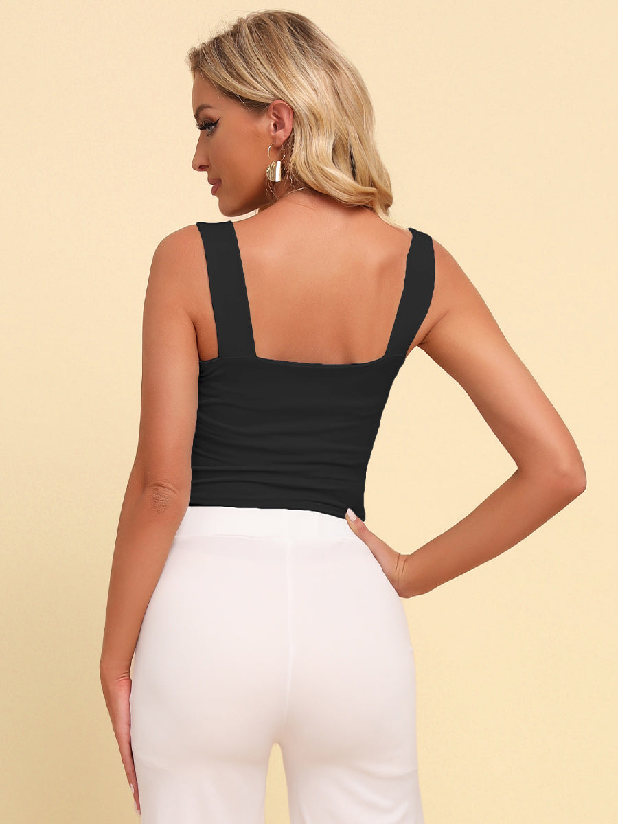 Black knit crop top with square neckline and wide straps