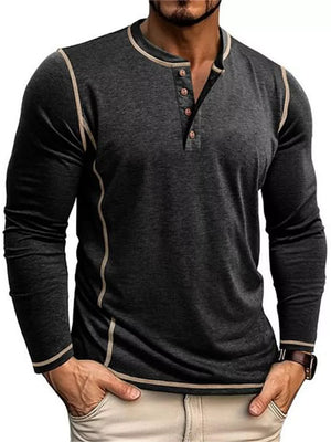 Men's gray long sleeve t-shirt with button detail and contrast piping
