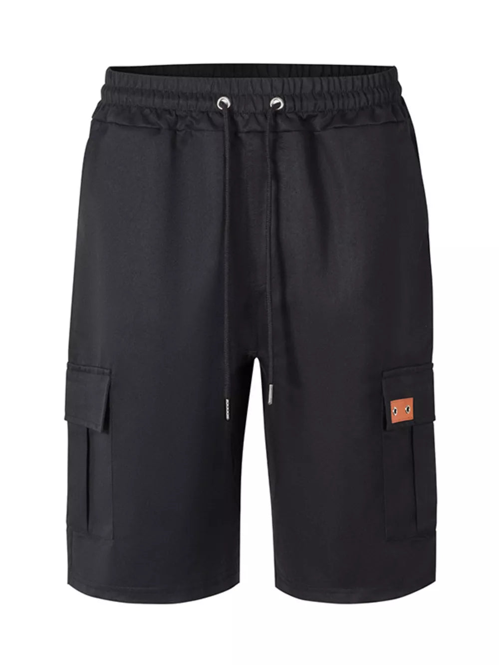 Black cargo shorts with elastic waistband, drawstring, and dual cargo pockets with a faux leather patch.