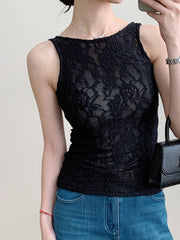 Black lace tank top with floral pattern and sheer detail.