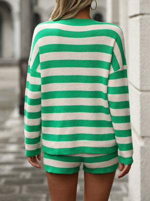 Green and cream striped ribbed knit co-ord set with shorts and long sleeve sweater.