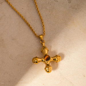 Gold Byzantine cross pendant necklace with tiger's eye gemstone