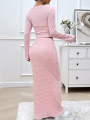 Blush pink and white striped ribbed crop top with bell sleeves and maxi skirt set.