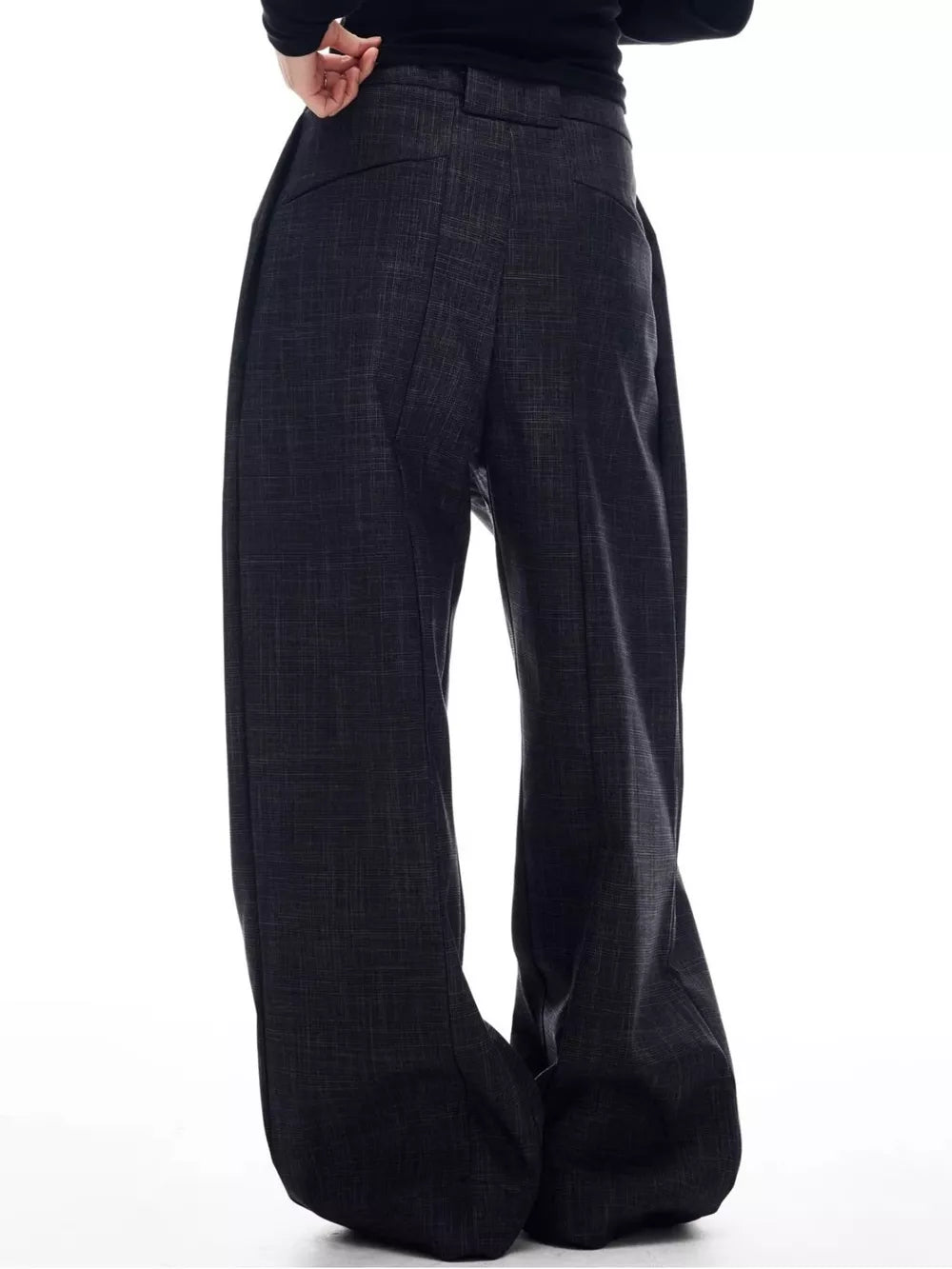 Men's dark grey textured wide-leg trousers with a relaxed fit.