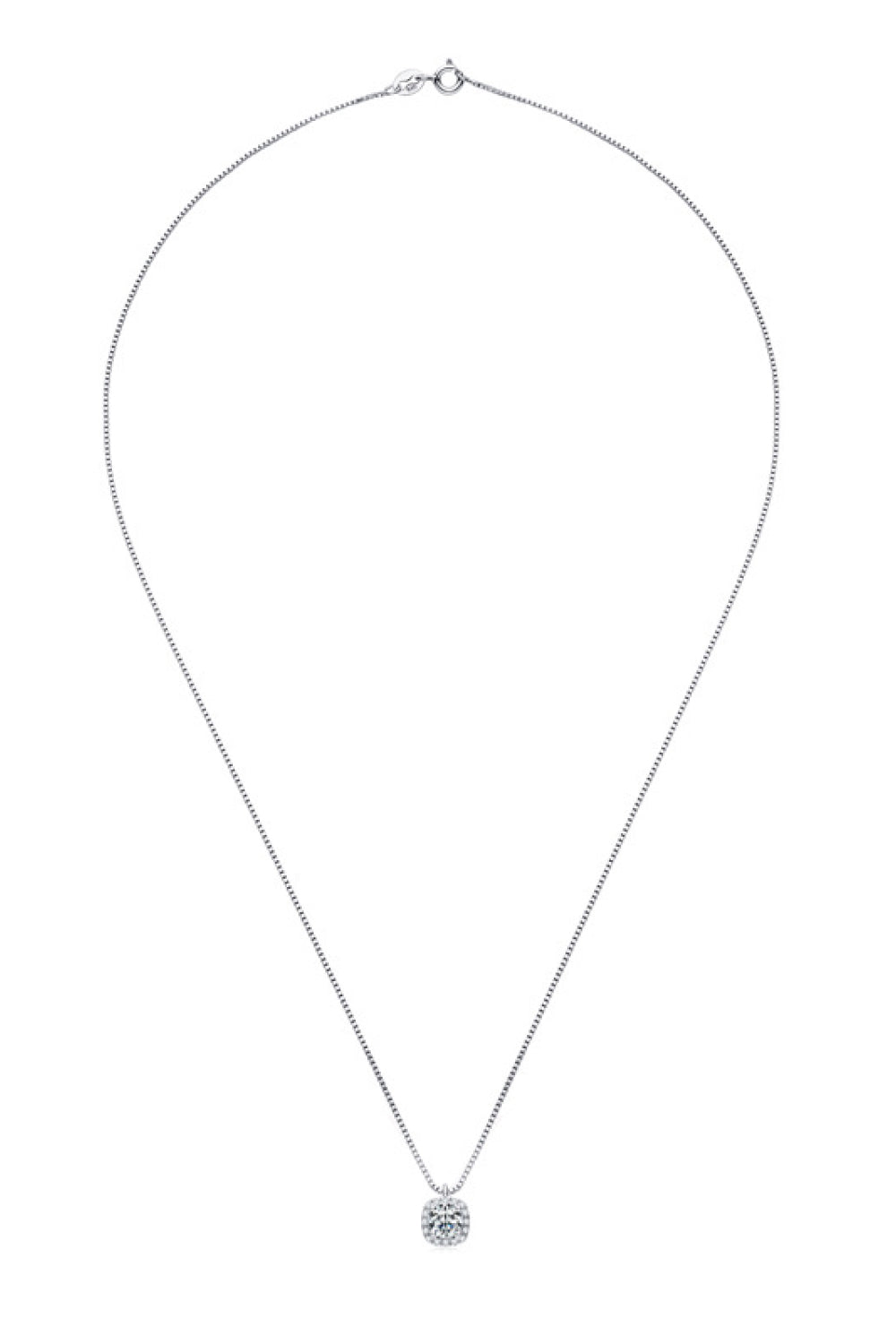 Silver halo diamond pendant necklace with a delicate box chain.