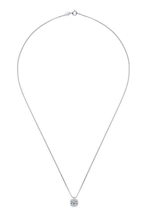 Silver halo diamond pendant necklace with a delicate box chain.