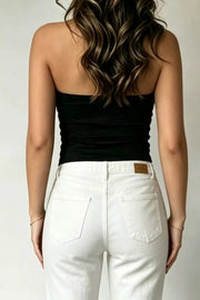 Black sweetheart twist front tank top made of polyester, shown from the back.