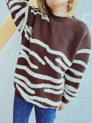 Brown acrylic crewneck sweater with textured white stripes.