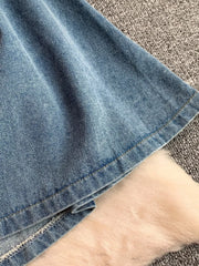 Chic Color Block Casual Dress in light blue denim with drawstring detail.