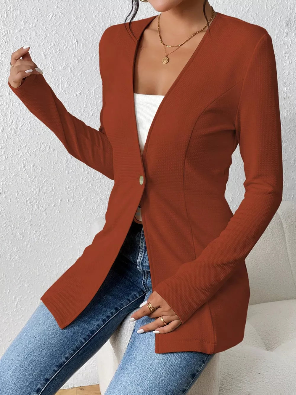 Chic single-button blazer, tailored fit, available in purple, green, blue, brown, wine red, red, black, white.