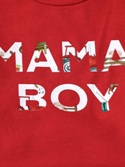 Deep Red cotton blend graphic tee with "Mama's Boy" text featuring farm scene cutouts.