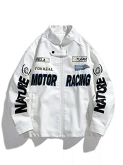 Oversized ivory leather racing jacket with "Motor Racing" graphic and "Nature" sleeve detail.