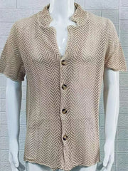Open-knit herringbone resort shirt in Khaki with button front and short sleeves.