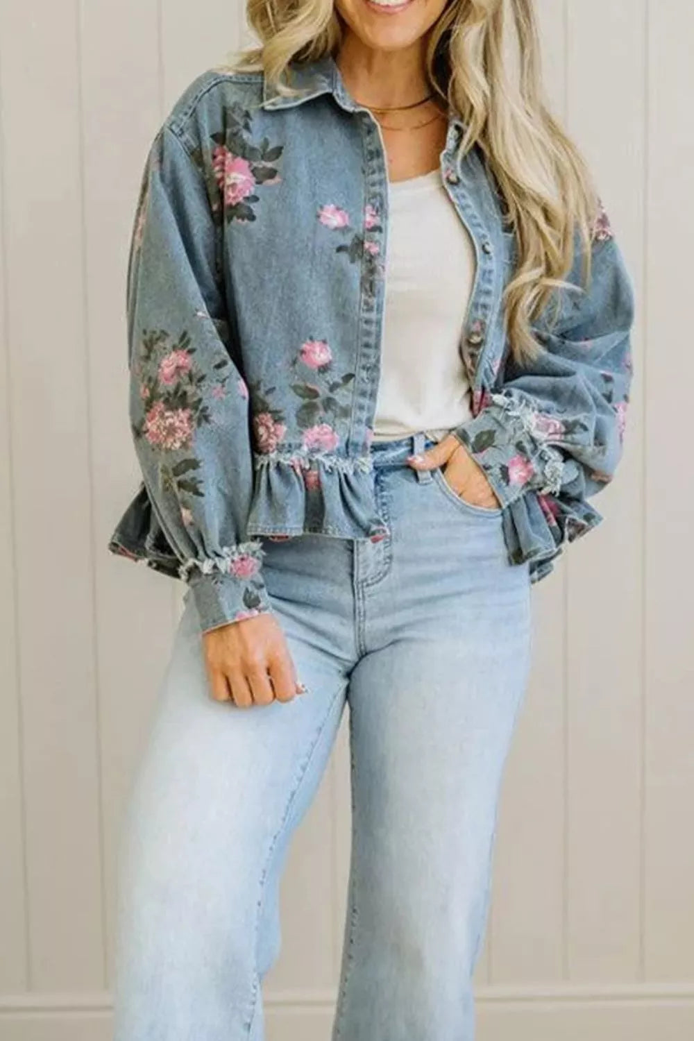 Floral Print Denim Jacket With Ruffled Hem, model styling view