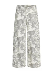Camouflage wide-leg cargo pants with button fly and belt loops.