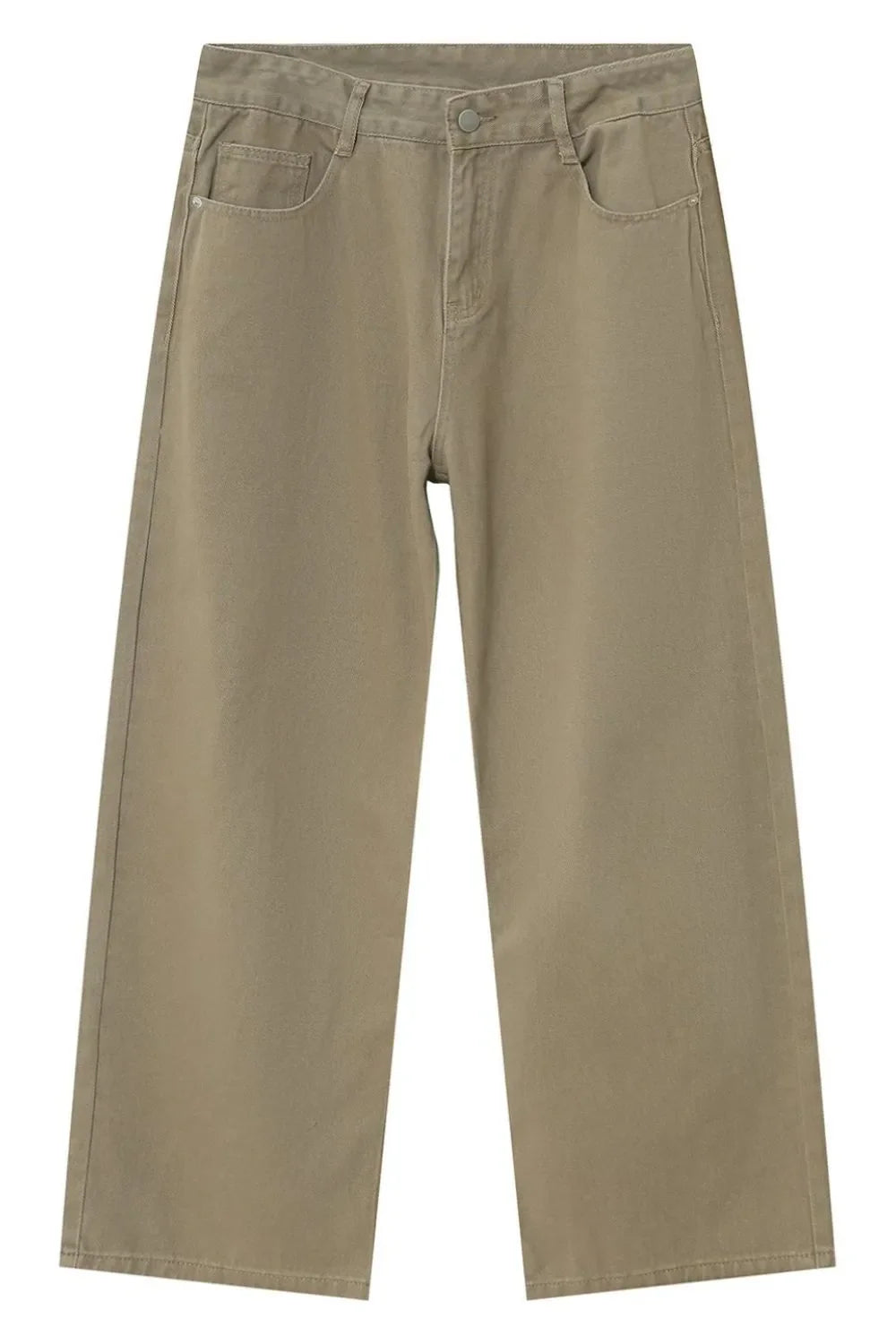 Khaki wide-leg denim jeans with a relaxed fit and front pockets.