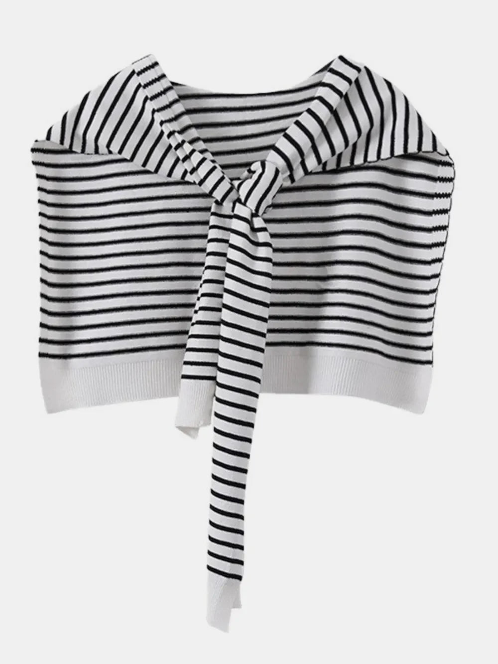 White and black striped acrylic sweater with tie-front detail