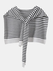 White and black striped acrylic sweater with tie-front detail