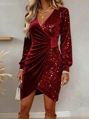 Velvet Sequin Long Sleeve Wrap Dress in Gold, fit detail