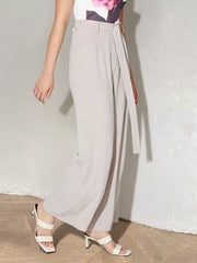 Maternity wide leg pants in light gray with a self-tie belt and high waist.