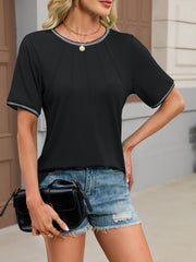 Black short sleeve t-shirt with contrast trim neckline and cuffs