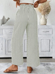 Maternity pants with paper bag waist and green and white stripes, wide leg