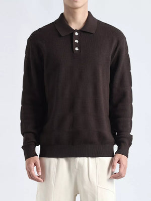 Brown knit polo shirt with button accents and textured pattern.